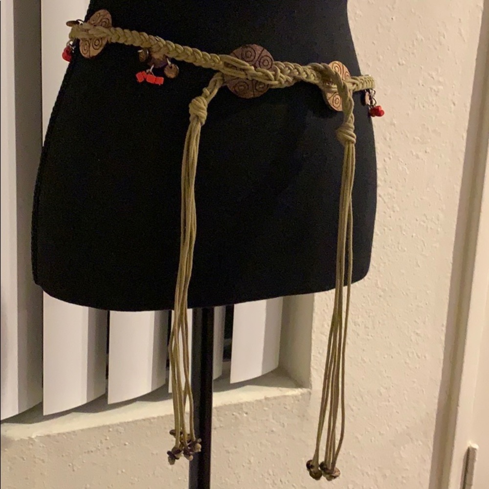 Vintage braided macrame wooden disc tie belt